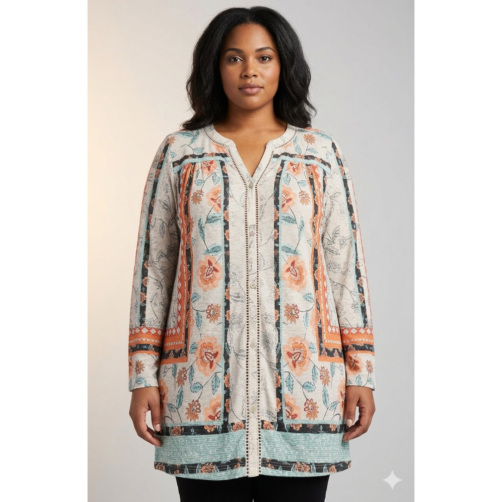 Style & Co Woman 2X Boho Floral Button Front Top Ladder Lace Trim Cotton Blend